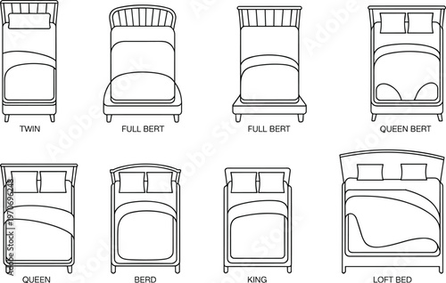 Bed size outline illustration set, twin full queen king and loft bed top views, minimal line art furniture collection for interior design