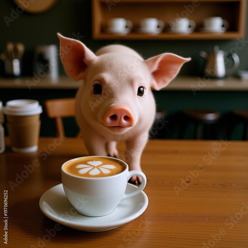 A pig oinks on the latte its snout finely poured