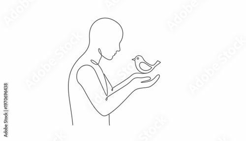 Minimalist Line Art: Person Holding a Bird in Hands, Symbol of Freedom and Nature