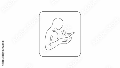 Minimalist Line Art: Person Holding Gentle Bird in Open Hand, Symbol of Freedom and Care
