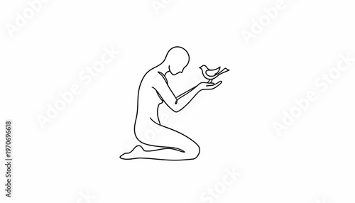 Minimalist Line Art: Person Kneeling Holding a Bird in Hand, Symbolizing Freedom and Hope