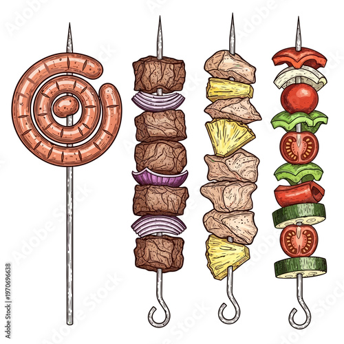 Hand-drawn barbecue skewers with grilled sausage, meat, and vegetable kebabs for summer cookouts