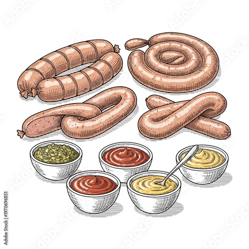 Illustration of various sausages and dipping sauces in bowls, vector graphic