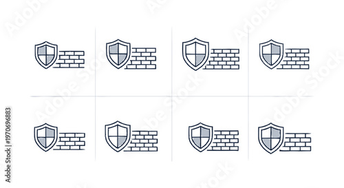 Digital Security - Shield and Brick Wall Icon Set for Protection.