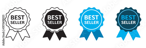 Best seller vector badges set, outline solid black blue dark blue variations, award icons collection, isolated on white background