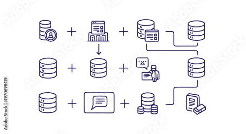 Database Integration and Data Flow Illustration in Line Art.