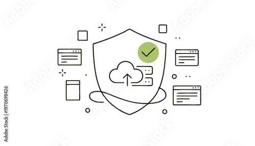 Digital Cloud Security Shield with Server and Website Icons.