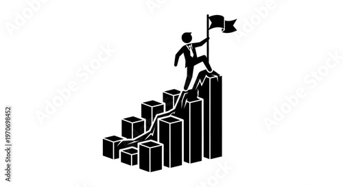 A black and white icon depicting a person, likely a businessman, standing triumphantly on the peak of a rising bar graph, holding a flag, symbolizing success, achievement, and business growth.