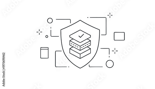 Digital security shield icon with layers and checkmark, data protection concept.