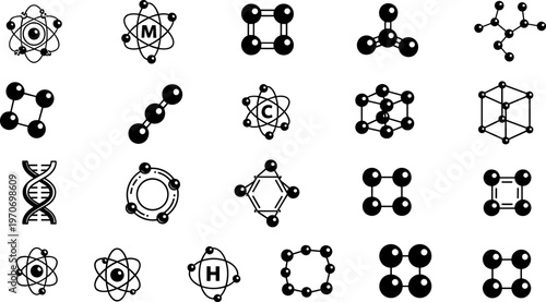 Black molecular structures, atom icons, DNA helix, chemistry research symbols, laboratory science elements, physics education graphics, biotechnology 