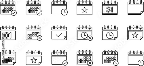 Calendar icons silhouette vector illustration set, black designs showing marked dates, clocks, stars, check marks, and scheduling reminders
