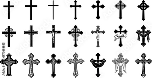 Christian cross designs collection with traditional and ornate variations, faith symbol illustration, religious decorative artwork, spirituality vector graphic