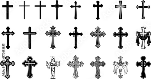 Christian cross icons collection with traditional and ornate variations, faith symbol illustration, decorative religious artwork, spirituality vector design