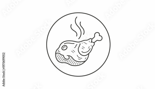 Hand-Drawn Chicken Leg Icon with Steam, Doodle Style, Isolated on White Background