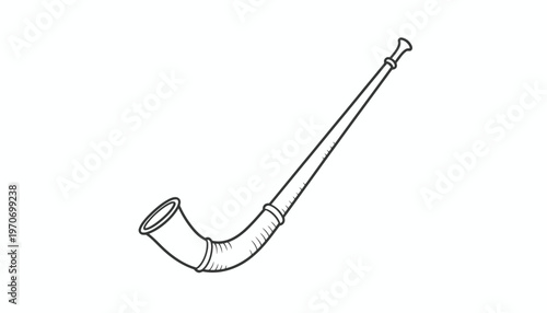 Hand-drawn illustration of a traditional alphorn, a long wooden horn, isolated on white background.