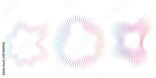 Sound equalizer icons with lines and dots, gradient neon circular sound wave frames, abstract radial music icons. Audio beat symbol concept isolated on white. Vector illustration.