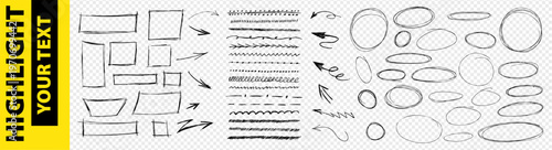 Black pen circle underline strokes with hand drawn doodle arrow elements on like transparent png background. Vector set kit bundle for highlight text using scribble oval lines.