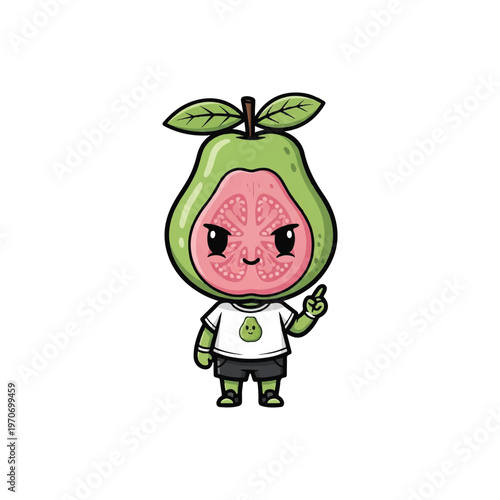 Cartoon anthropomorphic pink guava fruit character with a sliced face showing seeds, wearing a white t-shirt and black shorts while pointing a finger up on a white background.