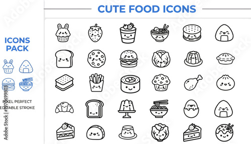 Outline vector icon set of cute food characters and kawaii meals