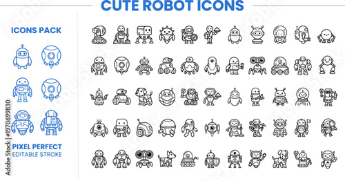 Outline vector icon set of cute robot characters and kawaii bots