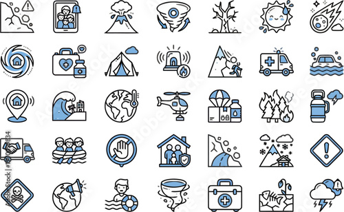 Outline vector icon set of natural disasters and extreme weather