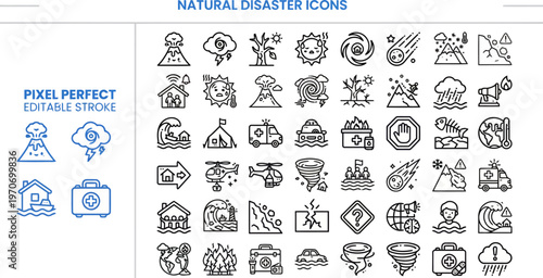 Outline vector icon set of natural disasters and extreme weather