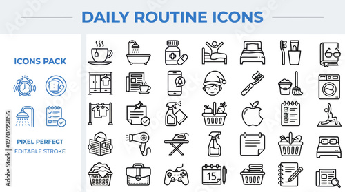 Outline vector icon set of daily routine, everyday life and habits