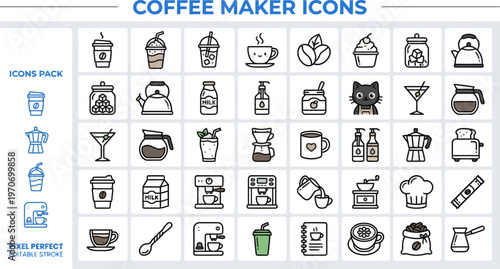 Outline vector icon set of coffee maker equipment and barista tools