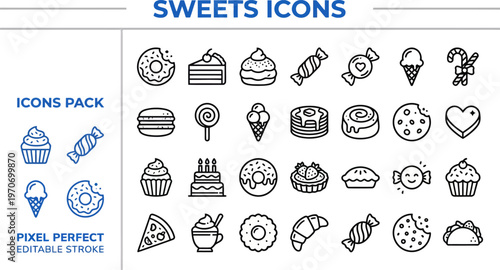 Outline vector icon set of sweet desserts, bakery and pastry foods