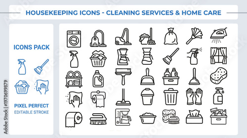 Home Cleaning Services and Housekeeping Supply Line Icons - Maid, Laundry, Sanitize Vector Set