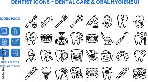 Dental Care Oral Hygiene and Dentist Clinic Line Icons - Teeth Treatment, Braces Vector Pack