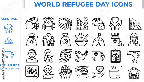 World Refugee Day Humanitarian Support Icons - Displaced Families, Aid Camp, Solidarity Vectors
