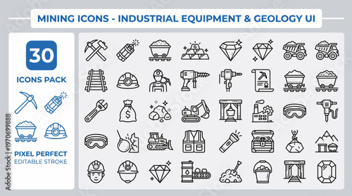 Geography World Map and Industrial Machinery Outline Icons - Globe, Compass, Mining Vector Set