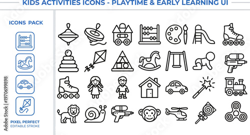 
Kids Playtime and Early Learning Education Icons - Toys, Alphabet, Preschool Activity Vectors

