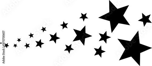 Diagonal arrangement of black five-pointed stars, increasing in size to create perspective and motion effect