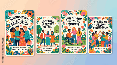 Four vibrant illustrations celebrating international friendship, diversity, and unity among people with various backgrounds and abilities, featuring floral designs.