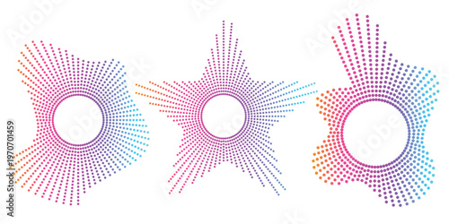 Sound equalizer icons with lines and dots, gradient neon circular sound wave frames, abstract radial music icons. Audio beat symbol concept isolated on white. Vector illustration.