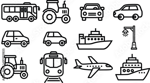 Variety of transportation icons cars trucks ships and aircraft