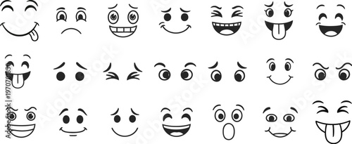 Collection of black and white cartoon face emoticons expressing various emotions