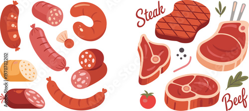 Flat design sausage and beef steak vector set for menu and packaging
