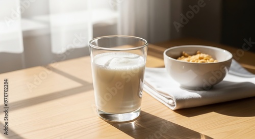 Fresh Morning Milk with Cereal in Warm Sunlight Cozy Breakfast Scene