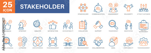 stakeholder management icon set, communication, solidarity,feedback,accountability, and project management. Simple vector symbols for strategy and development