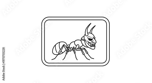 Evil Ant with Horns and Mask, Devil Insect, Fantasy Creature, Line Art