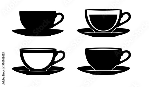 Horizontal tea cup silhouette vector set with side and front views black icon for beverage design