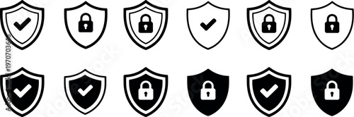 Shield icons security protection symbols set check mark lock sign vector clean modern design safety defense illustration