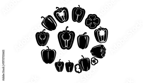 Bell pepper icons in circular layout with whole and cross-section silhouettes showing internal seeds black vector