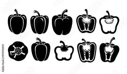 Horizontal lineup of bell pepper silhouettes with whole and sliced views showing internal structures black vector set