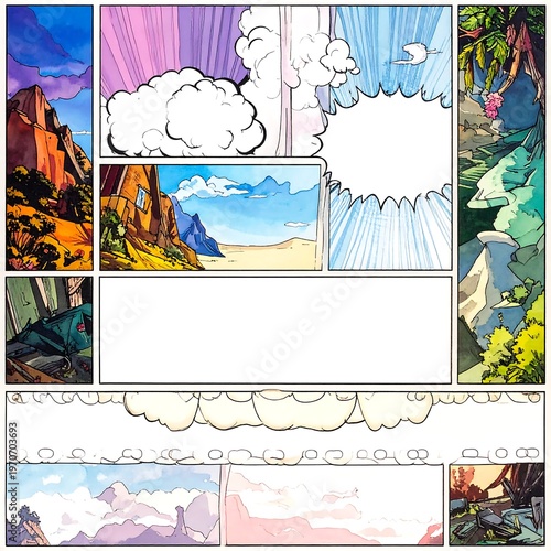 A comic strip template with various landscape panels