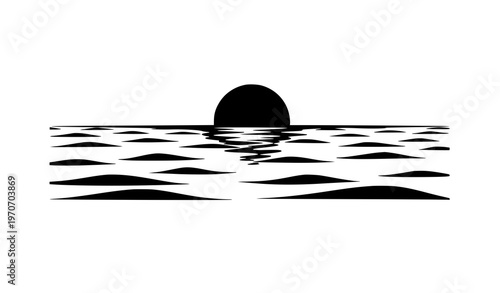 Panoramic sunrise over water with layered waves minimalist silhouette nature vector illustration