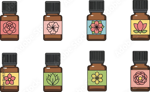 Collection of essential oil bottles with floral labels flat design vector icons for aromatherapy and wellness products isolated on white